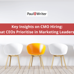 Graphic showing key criteria for hiring a Chief Marketing Officer based on a survey of 132 CEOs, highlighting essential skills such as strategic leadership, team management, and data analytics.