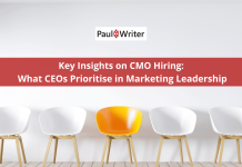 Graphic showing key criteria for hiring a Chief Marketing Officer based on a survey of 132 CEOs, highlighting essential skills such as strategic leadership, team management, and data analytics.